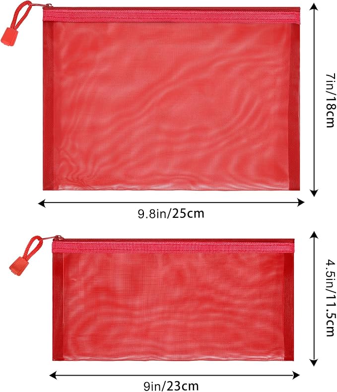 12 Pieces Zipper Nylon Mesh Pouch, Mesh Cosmetic Bags Makeup Bags Pencil Case, Multipurpose Travel Bags for Cosmetic School Office Supplies and Travel Accessories (Red, A5)