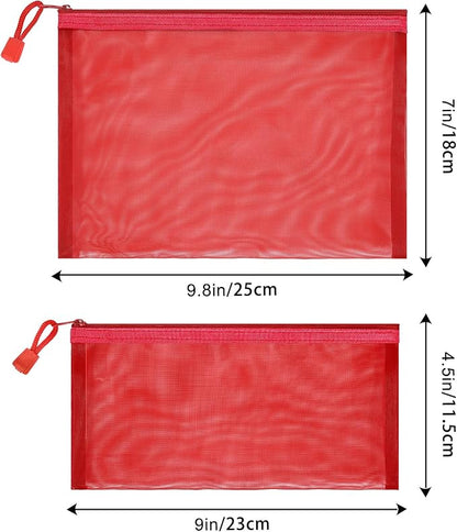 12 Pieces Zipper Nylon Mesh Pouch, Mesh Cosmetic Bags Makeup Bags Pencil Case, Multipurpose Travel Bags for Cosmetic School Office Supplies and Travel Accessories (Red, A5)