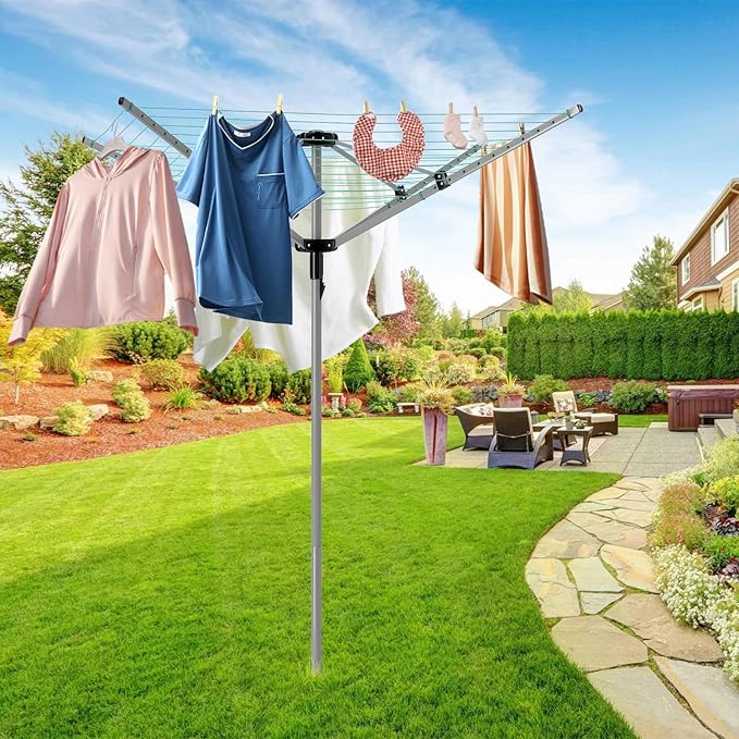 tonchean Rotary Umbrella Drying Rack Outdoors, 4-arm Umbrella Clothesline for Laundry, Adjustable Height Rotary Dryer Collapsible Clothes Drying Rack | 12-Lines with 165 ft. Clothesline