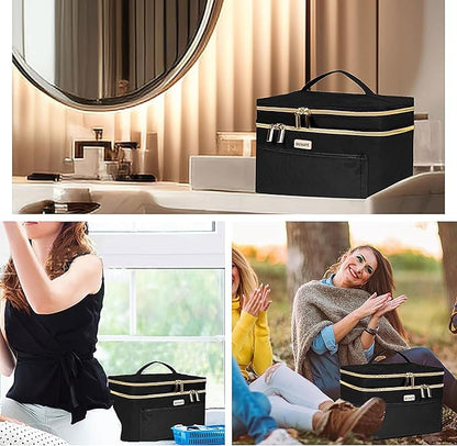 8.8L Double Layer Travel Makeup Bag Women, Large Cosmetic Case, Organizer for Travel-Size Accessories Bottles, Brushes, and Skin Care Products, Black 2.33 GAL