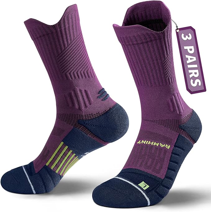 Compression Running Socks 3 Pairs, Cushion Crew Socks, Anti-Blister Moisture Wicking Athletic Hiking Basketball Socks