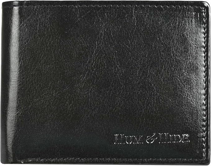 Hum & Hide Full-Grain Leather Wallet for Men – RFID Blocking Slim Bifold Wallet with ID Window, 8 Card Slots & Cash Compartment – Minimalist Black Leather Gift Wallet