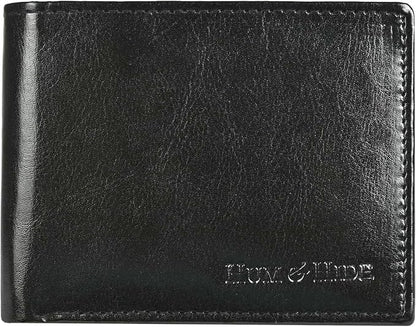 Hum & Hide Full-Grain Leather Wallet for Men – RFID Blocking Slim Bifold Wallet with ID Window, 8 Card Slots & Cash Compartment – Minimalist Black Leather Gift Wallet