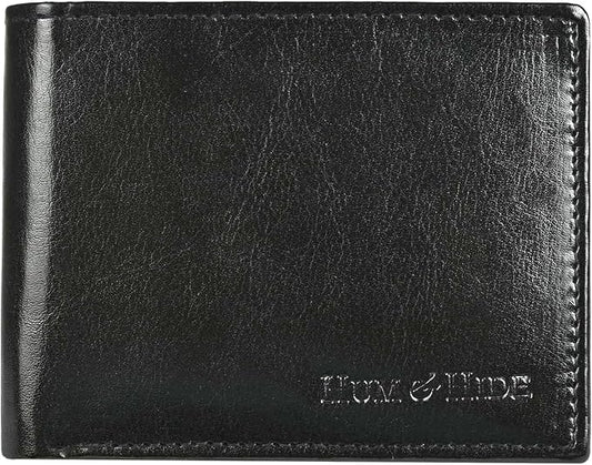 Hum & Hide Full-Grain Leather Wallet for Men – RFID Blocking Slim Bifold Wallet with ID Window, 8 Card Slots & Cash Compartment – Minimalist Black Leather Gift Wallet