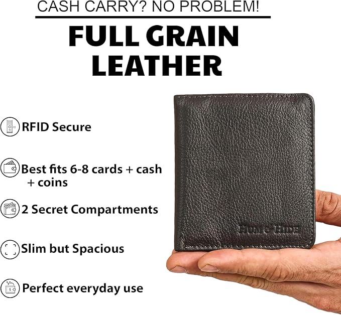 Hum & Hide Full-Grain Leather Wallet for Men – RFID Blocking Slim Bifold, Genuine Cowhide with 8 Card Slots, Coin Pocket & ID Window, Minimalist Leather Gift Wallet (Grey)