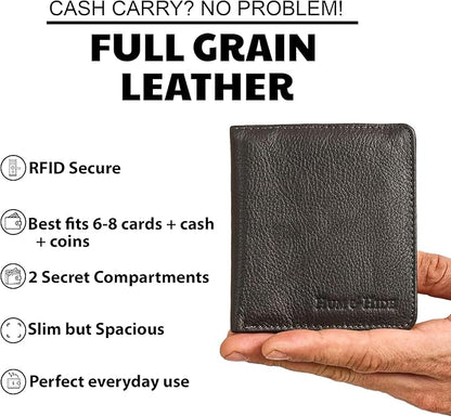 Hum & Hide Full-Grain Leather Wallet for Men – RFID Blocking Slim Bifold, Genuine Cowhide with 8 Card Slots, Coin Pocket & ID Window, Minimalist Leather Gift Wallet (Grey)