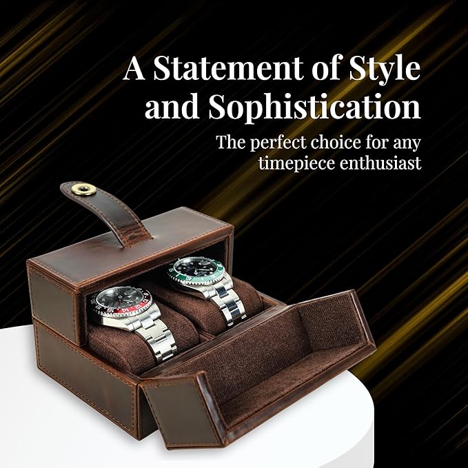 Dual-Opening Leather Watch Box with Detachable Cushions – Stylish Travel Watch Case for 2 Watches - Magnetic Snap Closure, Brown
