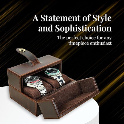 Dual-Opening Leather Watch Box with Detachable Cushions – Stylish Travel Watch Case for 2 Watches - Magnetic Snap Closure, Brown
