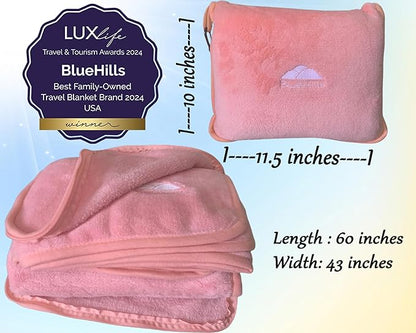 BlueHills Premium Soft Travel Blanket Pillow Airplane Blanket in Soft Bag case with Hand Luggage Belt and Carabiner Compact Pack Large Cozy Portable for Plane Car Train Transit Light Pink T020