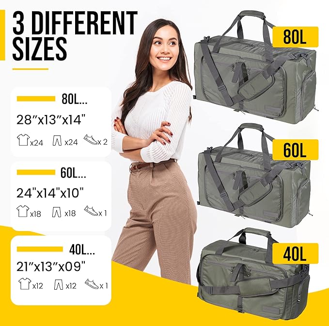 LEGEND 80L Foldable Duffle Bag for Travel - Packable Duffle Bags w/Shoe Compartment - Tear Resistant Collapsible Duffel Bags for Traveling - Lightweight Folding Duffel Bag for Men & Women -Army Green