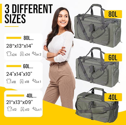 LEGEND 60L Foldable Duffle Bag for Travel - Packable Duffle Bags w/Shoe Compartment - Tear Resistant Collapsible Duffel Bags for Traveling - Lightweight Folding Duffel Bag for Men & Women -Army Green