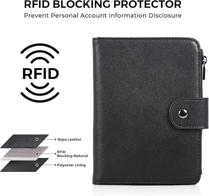 Polare Napa Leather Travel Passport Holder with YKK Zipper Pocket Snap Passports Cover RFID Blocking Passport Wallet Holders 2 Passports (Black with Zipper Pocket)