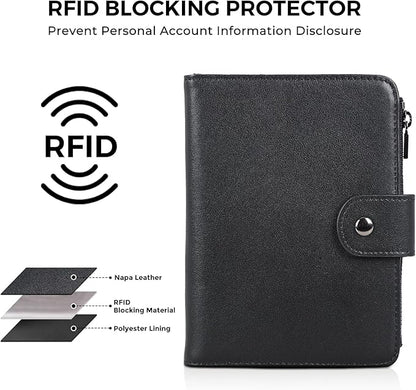 Polare Napa Leather Travel Passport Holder with YKK Zipper Pocket Snap Passports Cover RFID Blocking Passport Wallet Holders 2 Passports (Black with Zipper Pocket)
