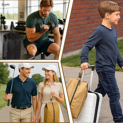 4Pack Travel Shoe Bags for Packing in Suitcase - Cleat Bags for Sports Smell Proof with Snap and Zipper, Waterproof Dustproof Shoe Pouch for Golf Soccer Gym Sports Travel (Khaki)