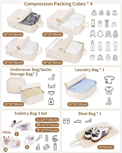 Compression Packing Cubes 11 Set, Suitcase Organizers, Luggage Organizer Bags for Storage, Extendable Packing Cubes for Travel Compression, Travel Essentials, Beige