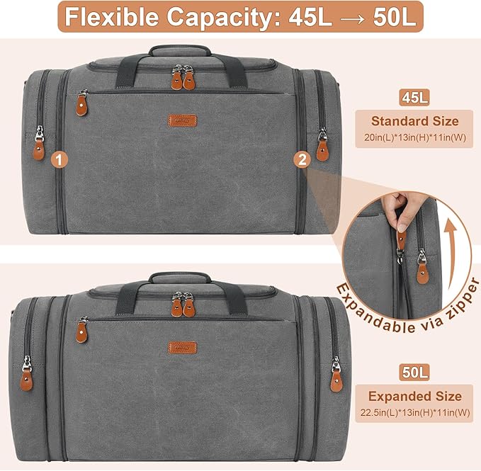 Canvas Mens Duffle Bag for Travel - Expandable 50L Weekender Bags with Toiletry Bag, Overnight Bag Travel Duffel Carry On Luggage with Removable Shoulder Strap, Durable & Water-Resistant