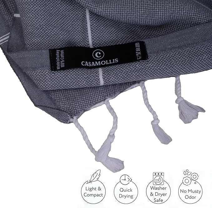 Turkish Beach Towel, Prewashed, 100% Cotton, Soft, Absorbent, Quick Dry, Sand Free Large Oversize Beach Towels for Bathroom Camping Yoga Gym Pool Travel Size 39x71 Inches (Light Gray)