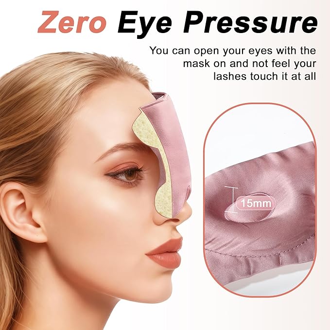 VOCOSTE 22 Momme Pure Silk Sleep Mask with Travel Pouch, 3D Contour Adjustable Blindfold for Side Sleepers, Eyelash Protecting for Natural Lashes & Extensions, Bean Pink