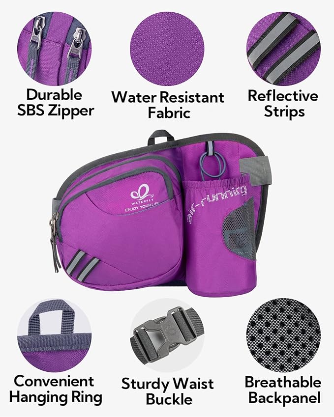 WATERFLY Fanny Pack Waist Bag: Waist Pack for Women Men with Water Bottle Holder Hiking Fanny Pack for Running Walking DogWalking Travel Cycling