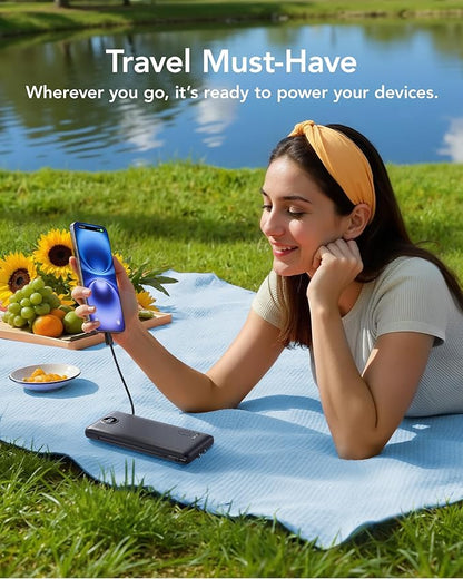 VRURC Portable Charger with Wall Plug, 10000mAh Slim Portable Charger Built in Cables,PD 20W Fast Charging Power Bank with Cords,USB C Portable Phone Charger Travel Accessories -Black(1 Pack)