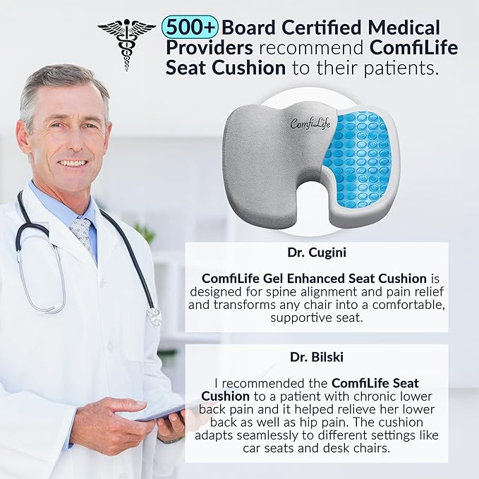 ComfiLife Gel Enhanced Seat Cushion – Office Chair Cushion – Non-Slip Gel & Memory Foam Coccyx Cushion for Tailbone Pain - Desk Chair Car Seat Cushions Driving - Sciatica & Back Pain Relief (Gray)