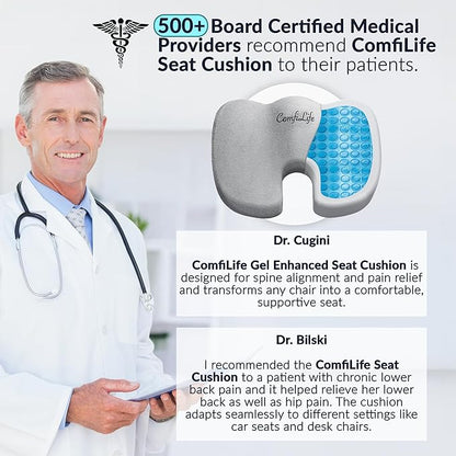 ComfiLife Gel Enhanced Seat Cushion – Office Chair Cushion – Non-Slip Gel & Memory Foam Coccyx Cushion for Tailbone Pain - Desk Chair Car Seat Cushions Driving - Sciatica & Back Pain Relief (Gray)