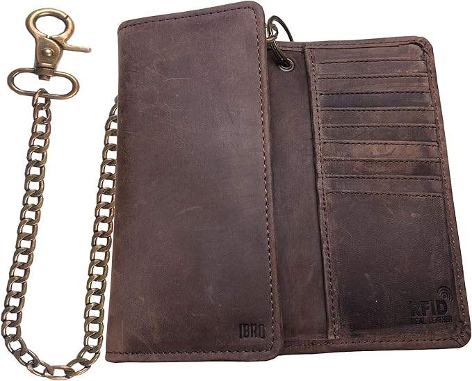 IBRO VINTAGE Motorcycle Chain Wallet for Men – Premium Cowhide Leather, RFID Tri-Fold Biker Wallet with Heavy Duty Chain for Bikers Truckers & Hunters, Credit Card Money Organizer Long Wallet