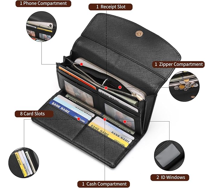 RFID Blocking Genuine Leather Wallet for Men and Women Large Capacity Phone and Credit Card Holder Organizer Purse (Black)