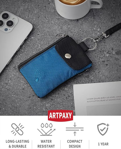 Minimalist Wallet For Mens Womens, Keychain RFID Blocking Zipper Small Wallet with ID Window 2 Lanyards,Water Resistant Travel Cash Card Coin Case Boys Girls