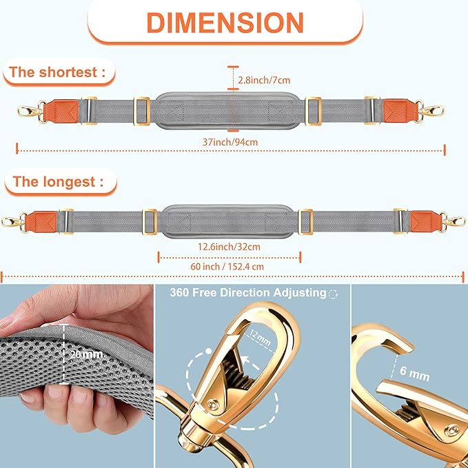 ZINZ 60" Universal Strap with Ultra-Thick Fixed Breathable Pad - Adjustable Heavy-Duty Shoulder Strap for Laptop, Crossbody Luggage, Gym Bag, Camera Bag and More - Gray Orange