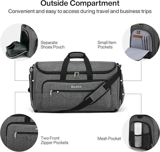 MILADA Convertible 2-in-1 Garment Duffel Weekender Bag Carry On Garment Bags for Travel Hanging Clothes Suit Bag Foldable Personal Item Business Overnight Bag with Shoe Compartment, Dark Grey
