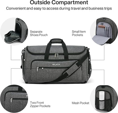 MILADA Convertible 2-in-1 Garment Duffel Weekender Bag Carry On Garment Bags for Travel Hanging Clothes Suit Bag Foldable Personal Item Business Overnight Bag with Shoe Compartment, Dark Grey