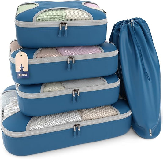 Shacke Premium 5 Packing Cubes Set - Lightweight Mesh Travel Luggage Organizers with Laundry Bag, 5-Piece Suitcase Storage System (Navy)