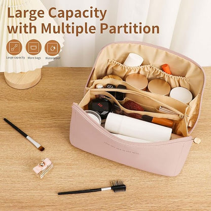 Travel Makeup Bag, Large Capacity Cosmetic Organizer Bags for Women, Waterproof PU Leather Toiletry Bags, Wide Open Flat Makeup Case with Divider and Handle