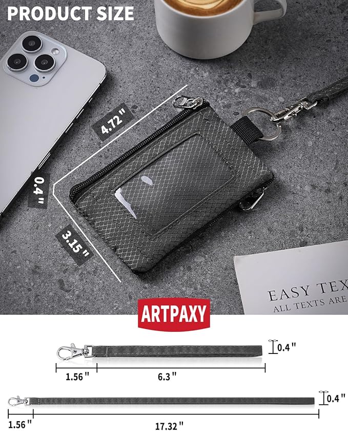 Minimalist Wallet For Mens Womens, Keychain RFID Blocking Zipper Small Wallet with ID Window 2 Lanyards,Water Resistant Travel Cash Card Coin Case Boys Girls
