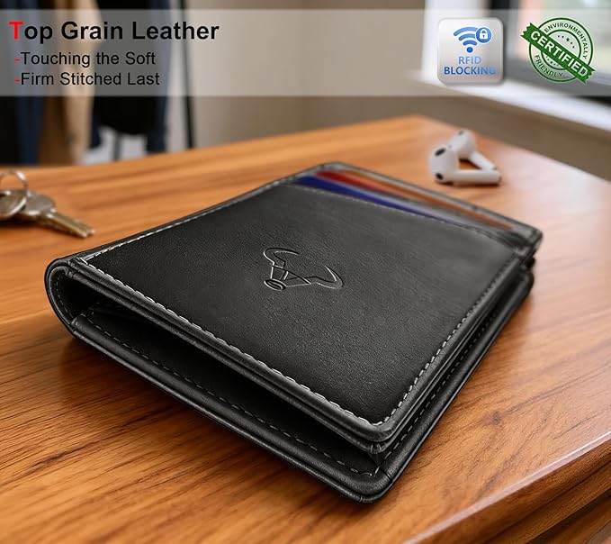 BULLIANT Men Wallet,Top Grain Leather Slim Wallet Magnetic Closure Simplifed Bill Folder RFID Blocking 11Cards