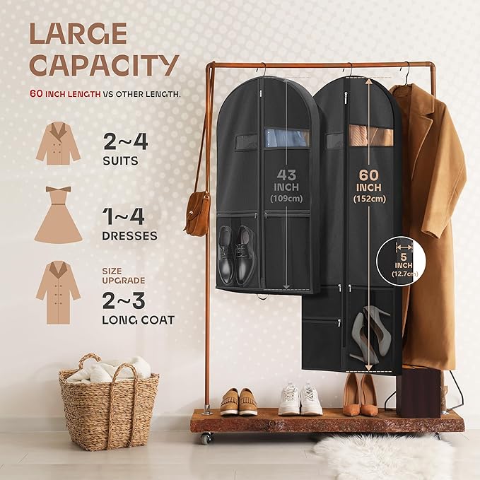 60 inch Garment Bags for Closet Storage and Travel with Zipper Pocket, Heavy Duty Waterproof Hanging Suit Bag with Handles for Suits, Coats, Jackets, Shirts, 1 pack