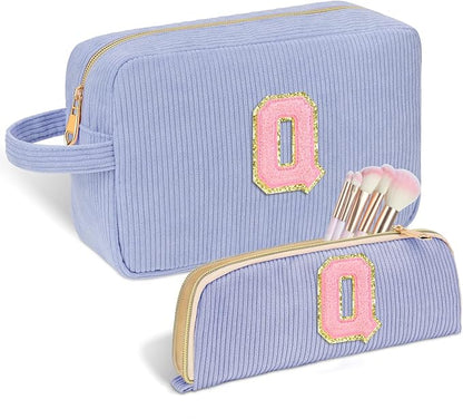 Personalized Initial Makeup Bag Trendy Stuff Corduroy Cosmetic Bag Travel Toiletry Bag, Christmas/Thanksgiving/Halloween Gifts Makeup Organizer Case for Women Girls Mom Girlfriend Wife - Blue