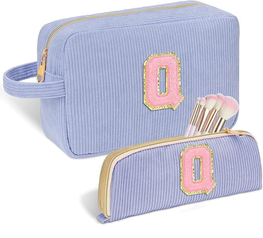 Personalized Initial Makeup Bag Trendy Stuff Corduroy Cosmetic Bag Travel Toiletry Bag, Christmas/Thanksgiving/Halloween Gifts Makeup Organizer Case for Women Girls Mom Girlfriend Wife - Blue