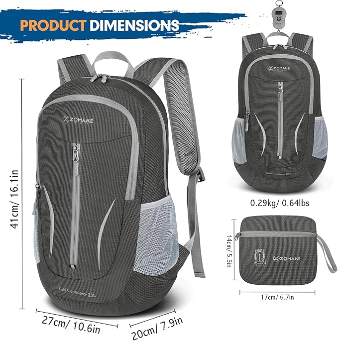 ZOMAKE Ultra Lightweight Packable Backpack 25L, Foldable Hiking Backpacks Water Resistant Small Folding Daypack for Travel(Dusty grey)