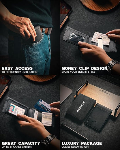 RUNBOX Money Clip Slim Wallets for Men RFID Blocking 11 Card Holder Minimalist Small Leather Bifold Men's Front Pocket Wallet Gift Box