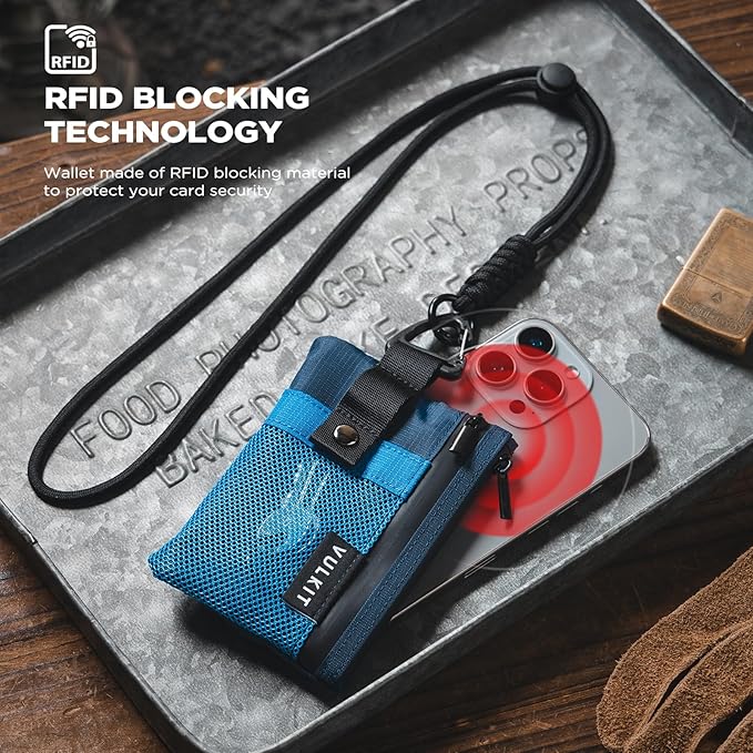 VULKIT Small RFID Wallet for Women & Men – Minimalist Zipper Wallet with ID Window, Keychain & Carabiner, Holds 15 Cards, Water Resistant Travel Lanyard Wallet Blue