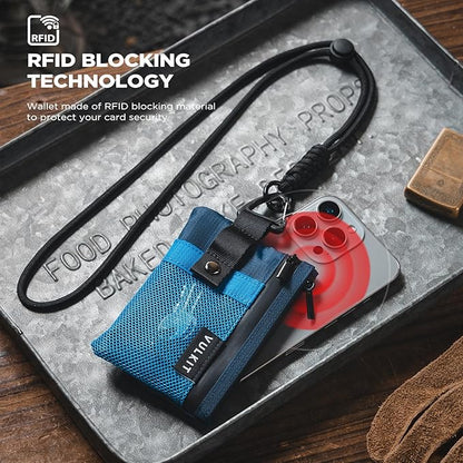 VULKIT Small RFID Wallet for Women & Men – Minimalist Zipper Wallet with ID Window, Keychain & Carabiner, Holds 15 Cards, Water Resistant Travel Lanyard Wallet Blue