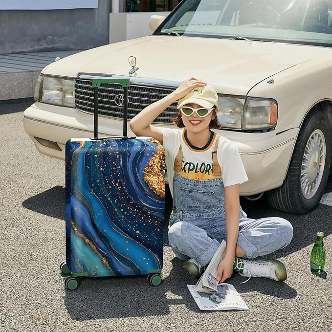 FOREVER QUEEN Luxury Golden blue Marble Luggage Cover Suitcase Protector Suitcase Cover Anti-Scratch,Stretchable Bag Cover Washable Durable Polyester