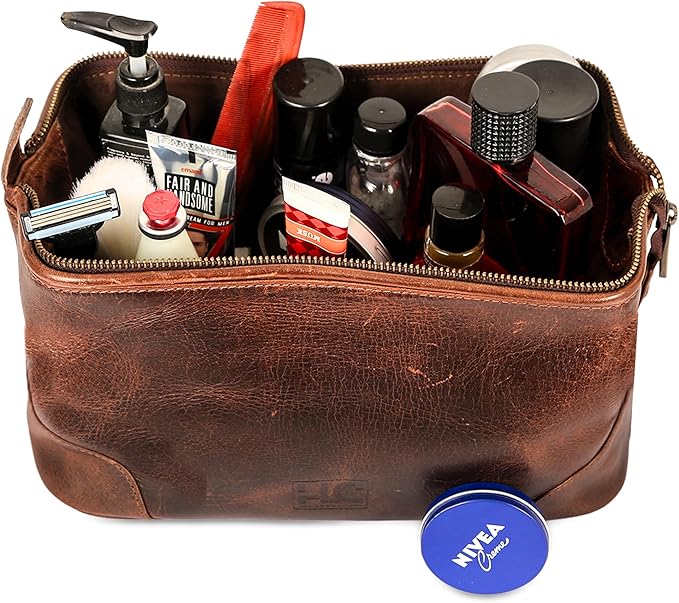 HLC Leather Toiletry Bag for Men Best Gift Premium Genuine Leather Dopp Kit Shaving Kit Organizer Travel Kit Pouch Bag for Men Large Size (Brown)