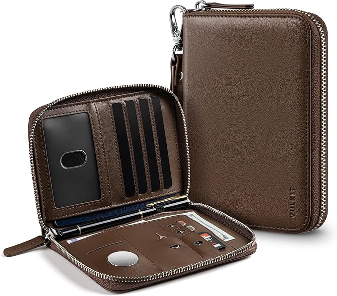 VULKIT Passport Holder for Travel with Airtag Slot, Premium Nappa Leather, RFID Blocking, Zipper Closure with Wrist Strap, Travel Document Organizer