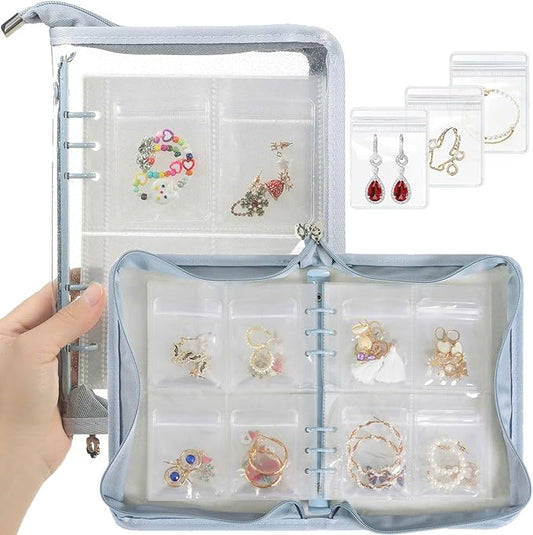 AOLEIXIYA Jewelry Organizer Book Clear Travel earring book organizer Transparent Jewelry Book with Zipper Pouch Bags (Light blue,With 80 PCS Small Jewelry Bags)