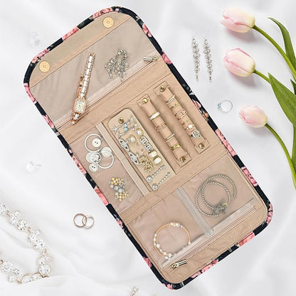 Pavilia Foldable Jewelry Organizer - Travel Roll Bag with Compartments for Earrings, Rings, Necklaces, Bracelets - Packing Accessory