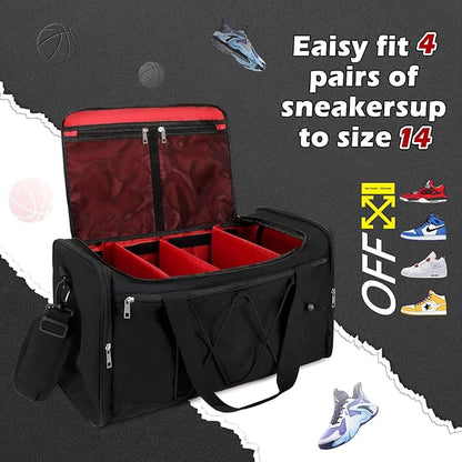 Sneaker Bag for Travel, Outdoor Sports Gym Bag Shoe Bag for 4 Pairs of Sneakers up to Size 14, Travel Duffel Bag with 3 Adjustable Dividers & Shoulder Strap, Sneakerhead Gift