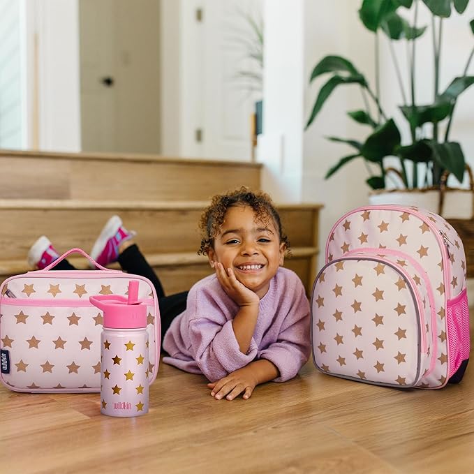 Wildkin 12-inch Kids Backpack – Padded, Adjustable, Ideal for Daycare & Travel - Pink and Gold Stars